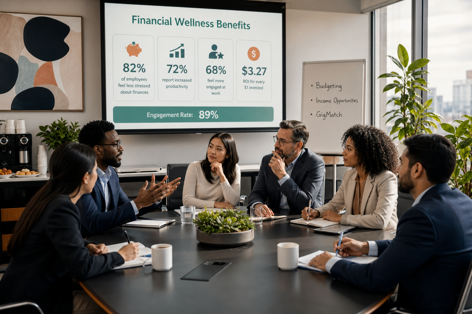 Diverse Employees Discuss Financial Wellness at Modern Office