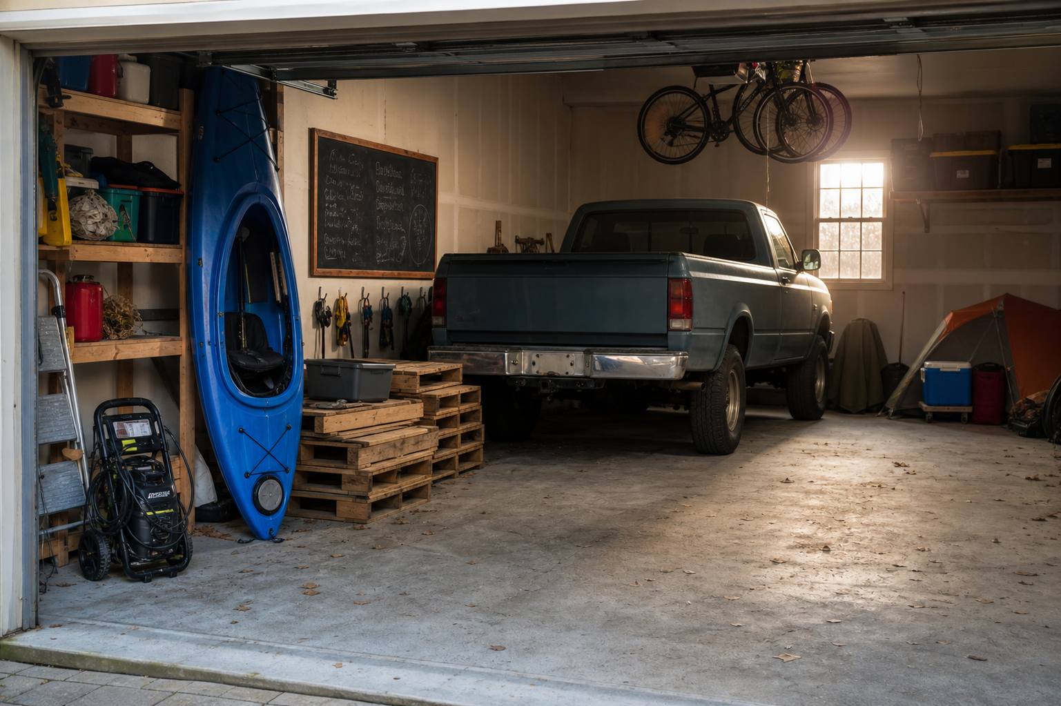 Garage of Opportunity with Chalkboard and Kayak